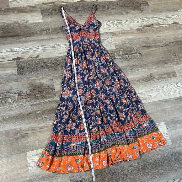 Angie Boho Maxi Dress Navy Floral Print Tiered Skirt Tie Front Festival S - Picture 6 of 6